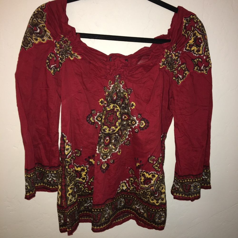 Lucky Brand Red Peasant Top With 3/4 Sleeve Size M